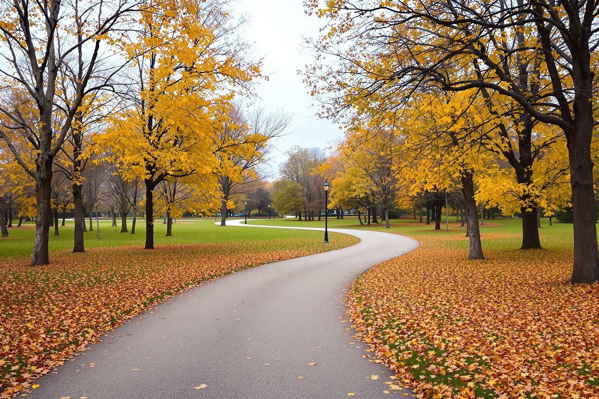 A curving paved path through an empty park carpeted with golden autumn leaves