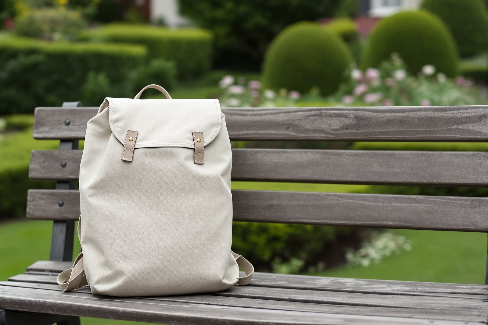 A plain cream canvas backpack resting on a weathered wooden bench in a green garden