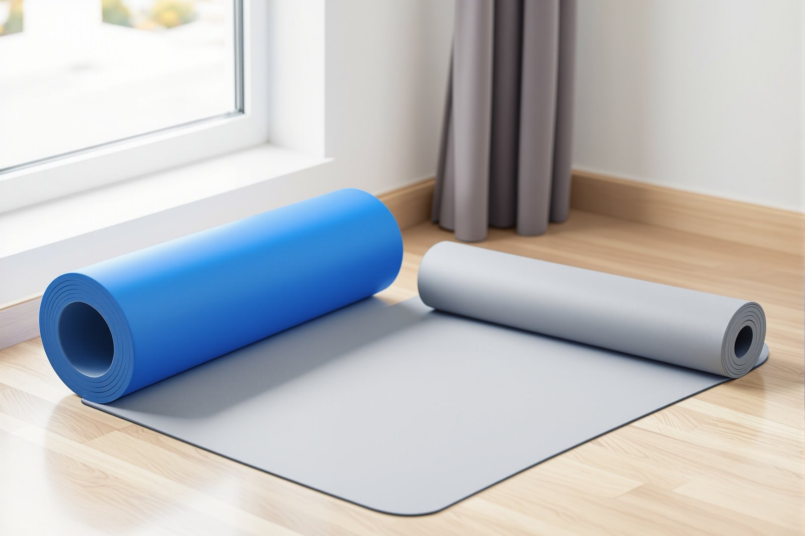 A blue foam roller and a grey exercise mat on a light wooden floor next to a window