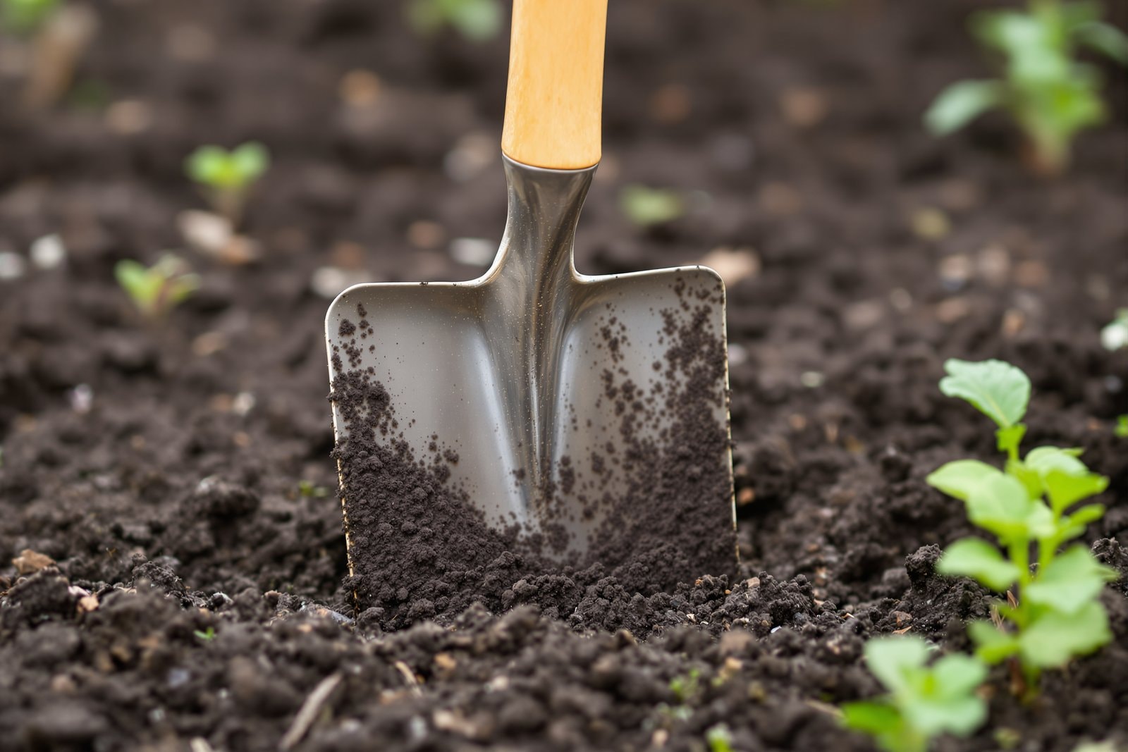 A wooden-handled garden spade standing upright in dark turned soil among small seedlings