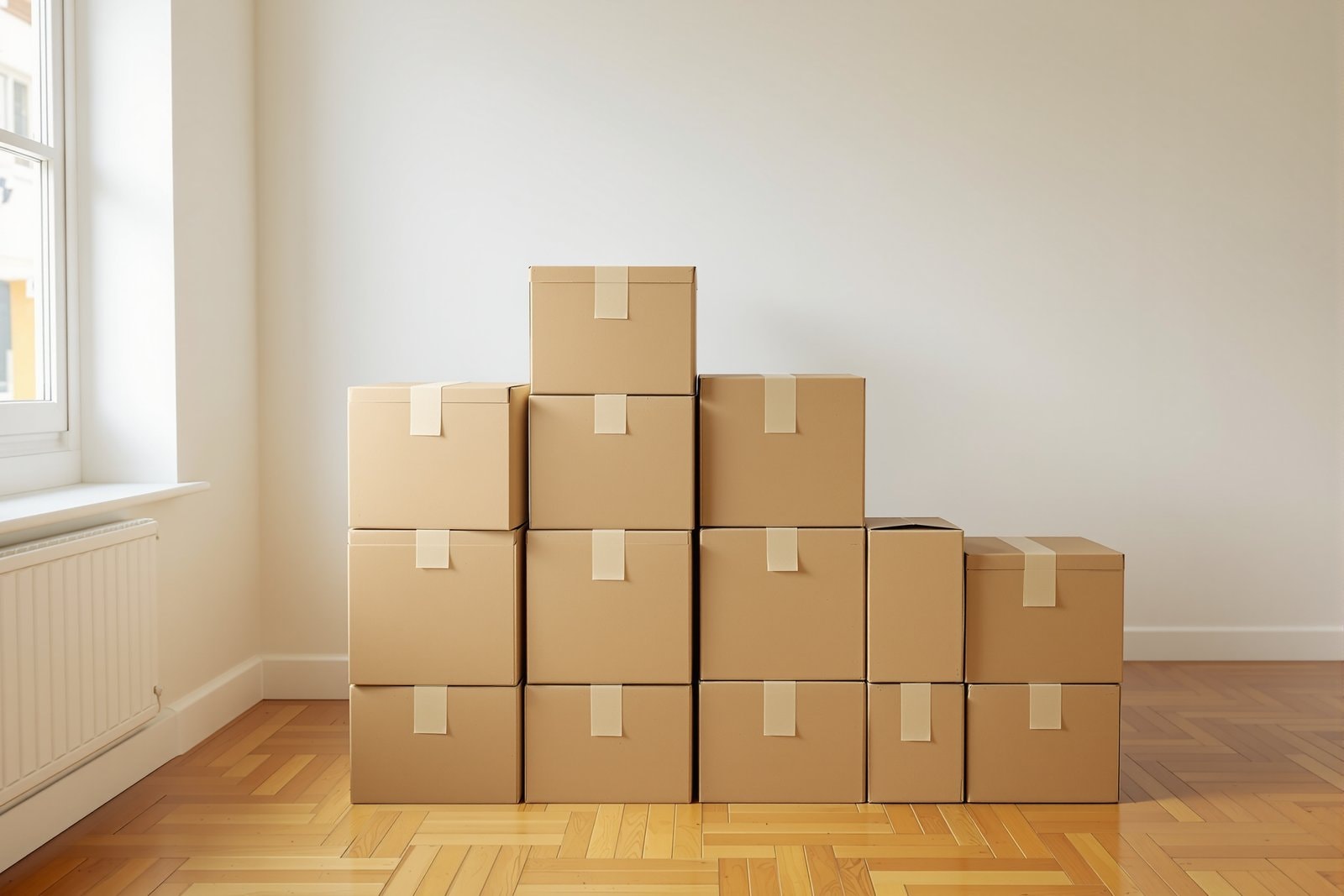 A neat stack of plain brown cardboard boxes in an empty room with wooden floors and a window