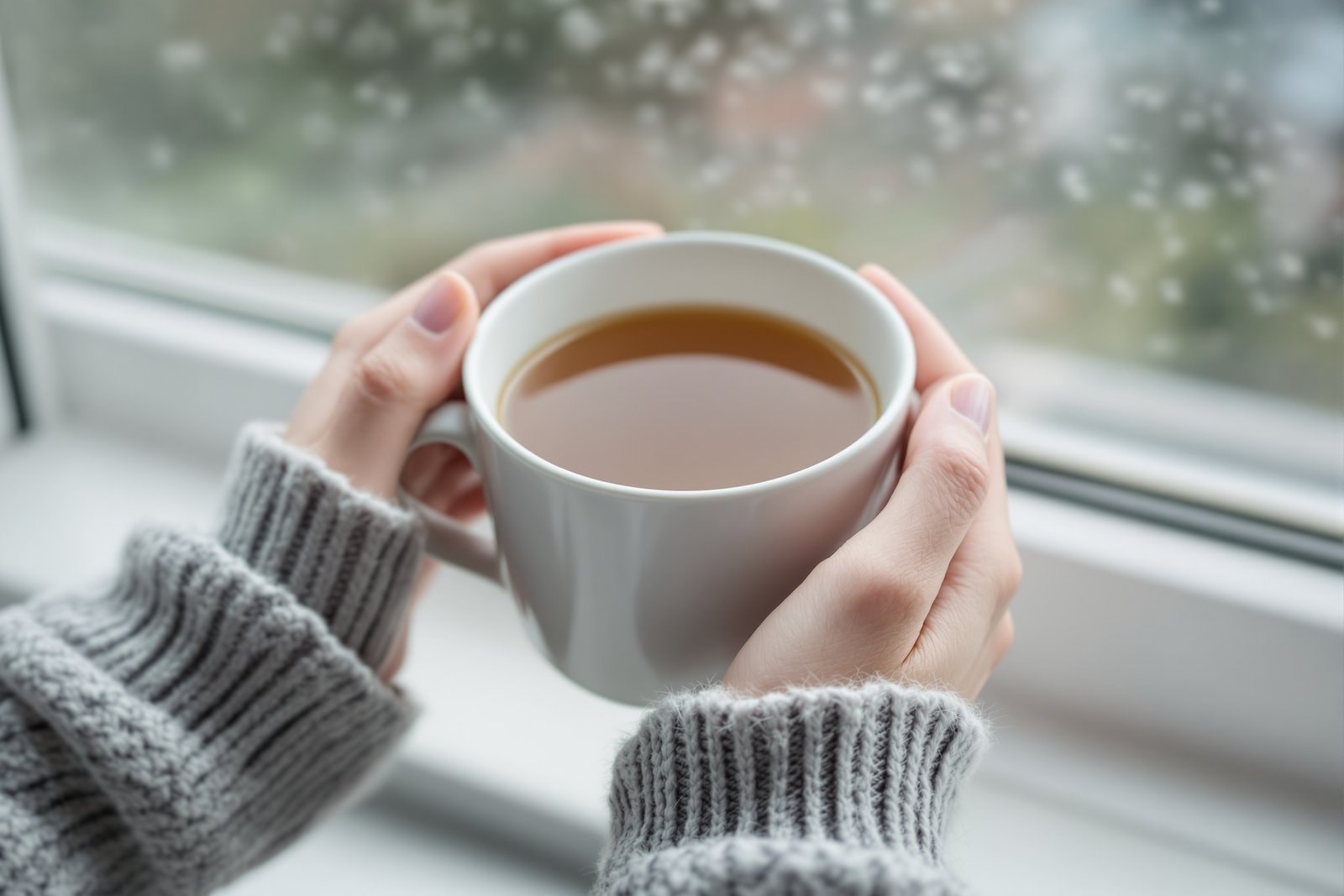 Two hands in grey knitted sleeves holding a white mug of tea beside a rain-speckled window