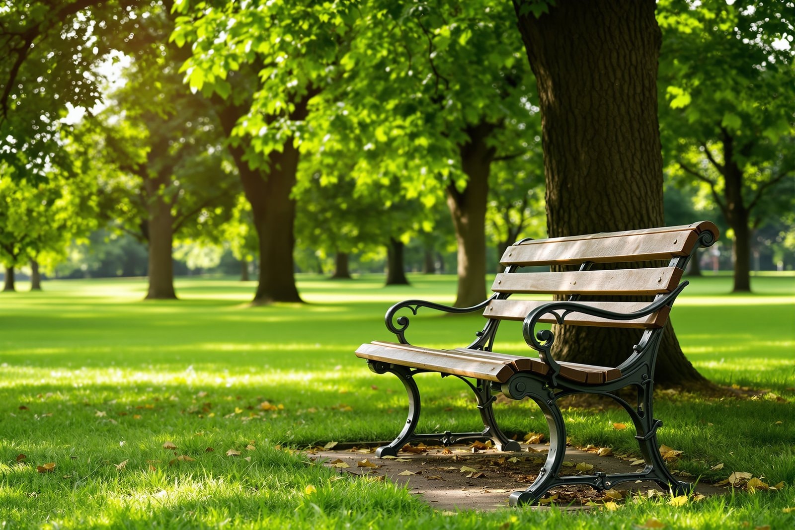 An empty wooden park bench under large leafy trees with dappled sunlight on the grass