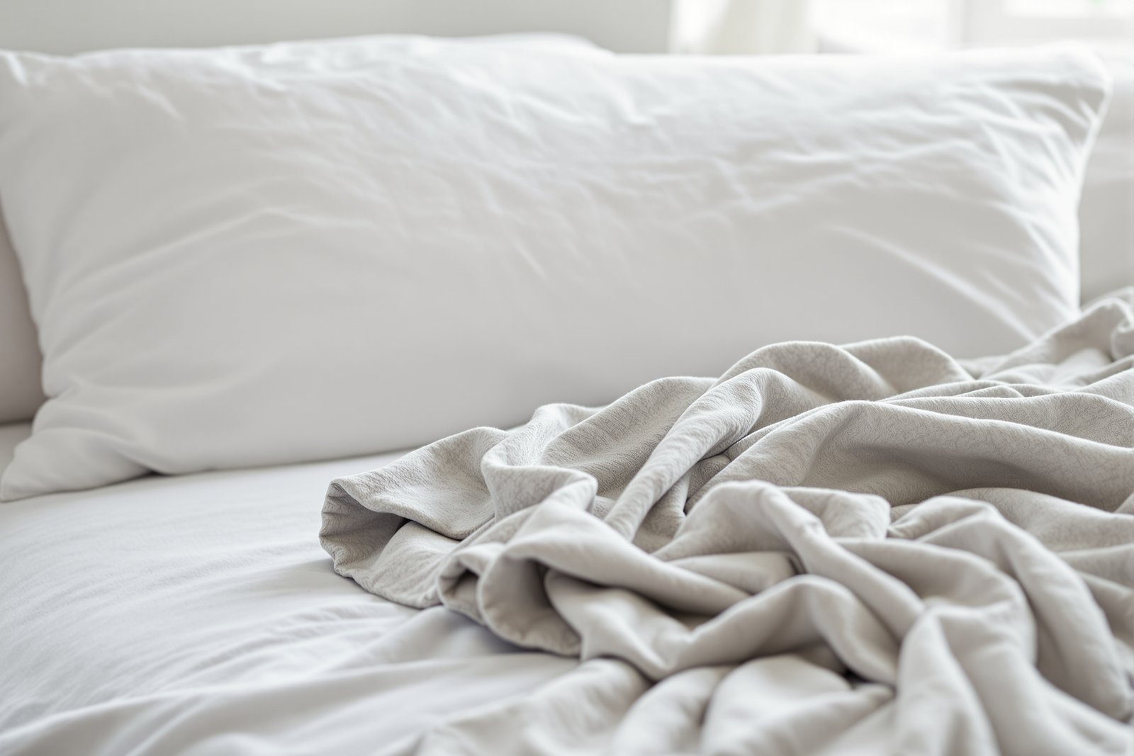 A plain white pillow and a loosely folded grey blanket on a made bed in soft morning light