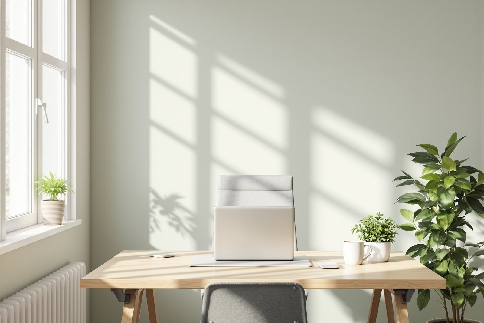 A tidy wooden desk with a closed laptop, a mug and plants in a bright room beside a window