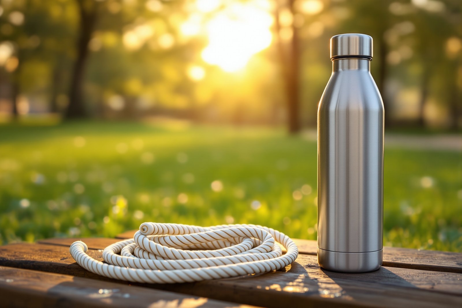 A coiled cream rope and a plain steel water bottle on a wooden bench in a sunlit park