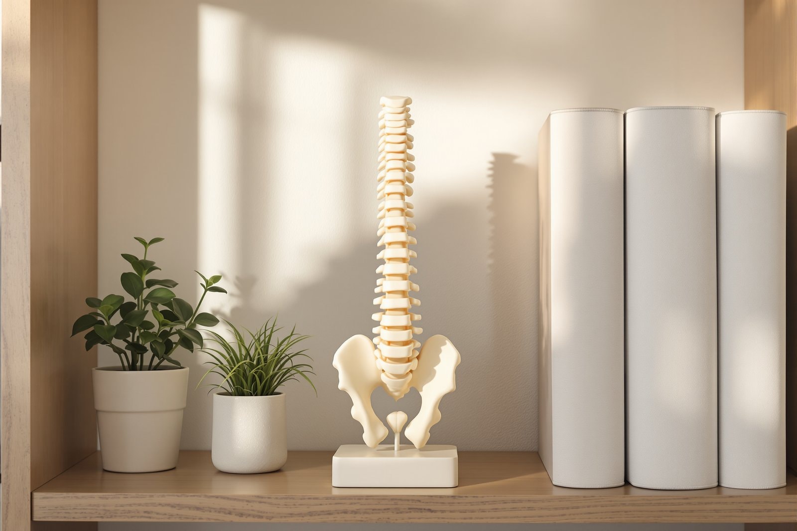 A pale model of a human spine standing on a wooden shelf between potted plants and plain white books