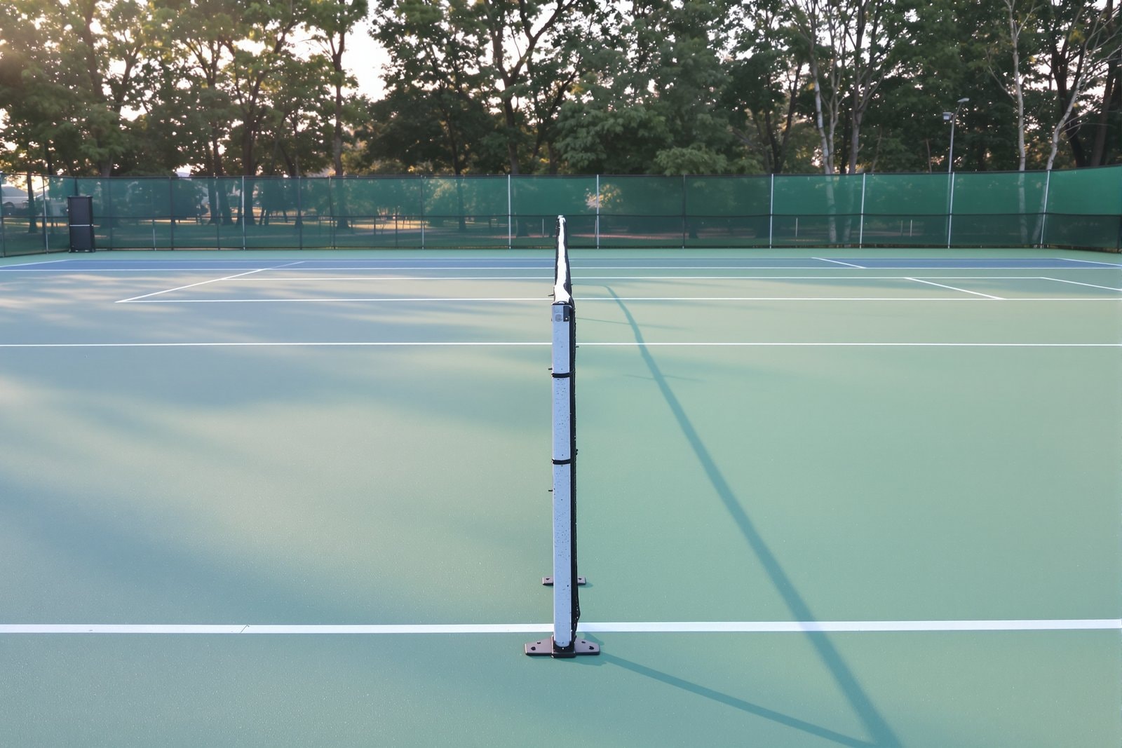 An empty outdoor tennis court at dawn with long soft shadows and trees beyond the fence