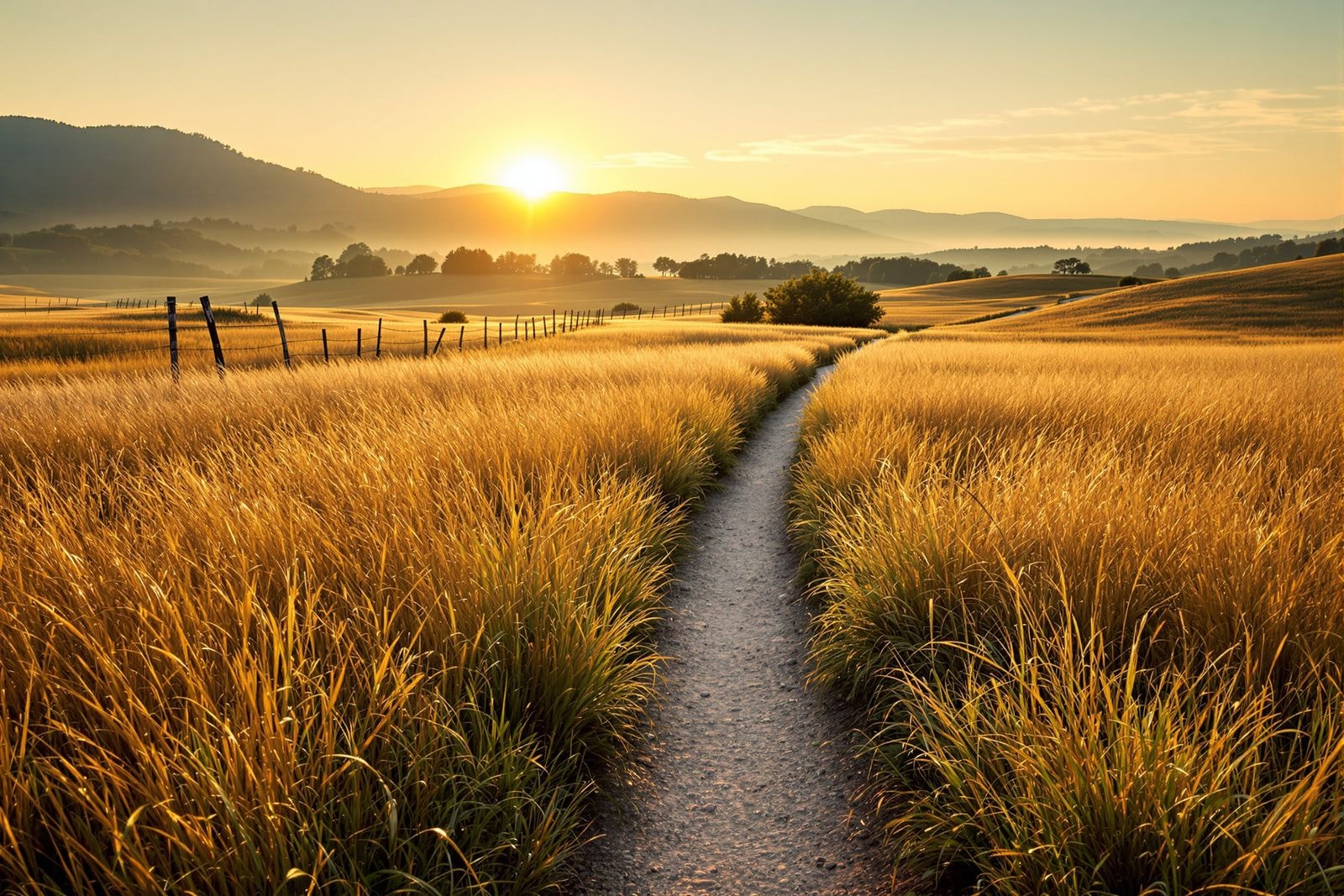 A narrow dirt path winding through tall golden grass towards low hills at sunrise